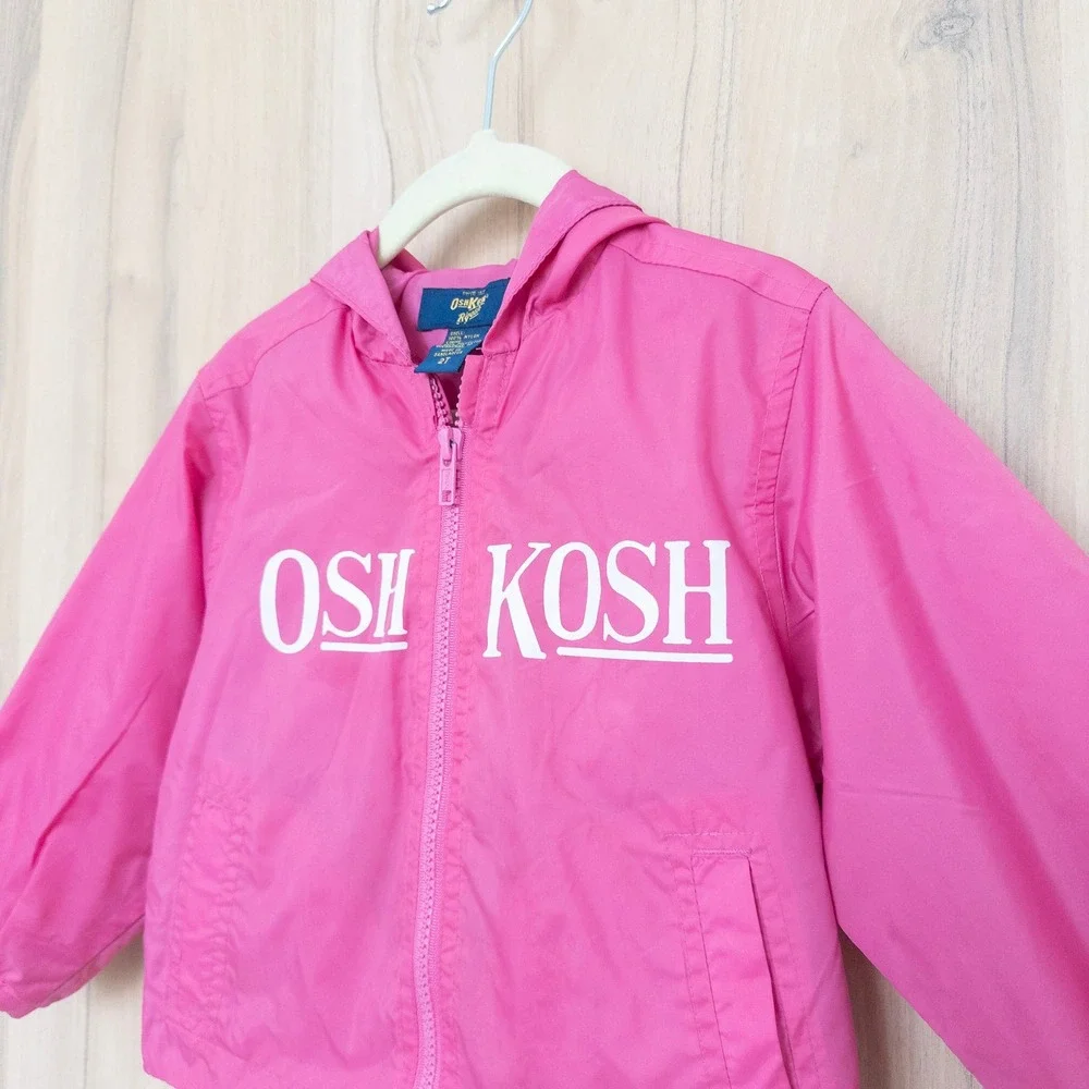 Vintage OshKosh B'gosh Girls Windbreaker 2T Pink Hooded Full Zip Jacket Retro